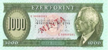 1996. 1000Ft "MINTA" perforációval és felülnyomással "E 00000381" sorozatszámmal T:I