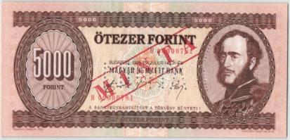 1990. 5000Ft "MINTA" perforációval és felülnyomással "H 00000781" sorozatszámmal!! T:I