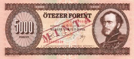 1990. 5000Ft "MINTA" perforációval és felülnyomással "J 00000329" sorozatszámmal!! T:I