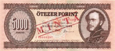 1993. 5000Ft "MINTA" perforációval és felülnyomással "J 00000287" sorozatszámmal!! T:I