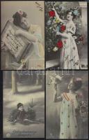 14 db üdvözlőlap az 1900-1910-es évekből, hölgyek, párok, gyerekek stb.
