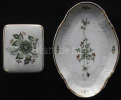Hollóházi porcelán tál és bonbonier virágokkal díszítve, jelzett / Hollóházi chinaware bowl (18x13 c...