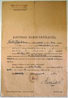 1944 Magyar Királyi 23. Honvéd Határvadász katonai elbocsájtólevele