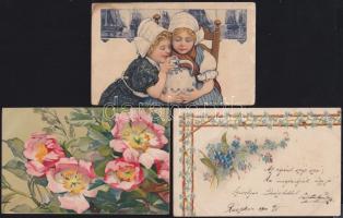 29 db régi motívumlap vegyes minőségben - főleg üdvözlőlapok és virágok, köztük érdekességek, dombornyomásos és litho lapok is / 29 mixed Topic cards