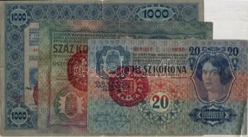 1920 piros "Magyarország" felülbélyegzés 20K, 100K, 1000K-ás bankjegyeken T:II/III