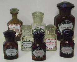 Háború előtti 8 darabos csiszolt üvegdugós gyógyszeres üvegcse készlet jó állapotban / Medical glass set