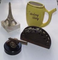 Kis bolhapiac tétel: Eiffel-torony talapzaton 13 cm, faragott fa szalvétatartó, porcelán kancsó, ágyú formájú asztalid dísz