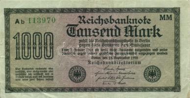 Német Birodalom / Weimari Köztársaság 1922. 1000M (4x) "Vielecke" vízjellel, a "Reichsbanknote" szóban lemezhibával T:II,III,III- + 1922. 1000M (4x) "Dornen" vízjellel, a "Reichsbanknote" szóban lemezhibával T:II,III + 1922. 1000M (4x) "Mäander" vízjellel, a "Reichsbanknote" szóban lemezhibával T:II,III