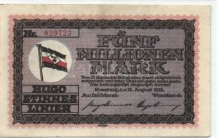 Német Birodalom/Weimari Köztársaság/Hamburg/Hugo Stinnes Linien 1923.8.18. 5000.000M piros sorszámmal (2x) T:II + 1923. 5.000.000M birodalmi nyomat T:I- (apró sarokhiba)