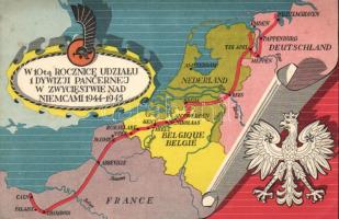 Military WWII Allied forces propaganda, commemorating the anniversary of Polish troops participating in the liberation of France, Belgium and The Netherlands, map