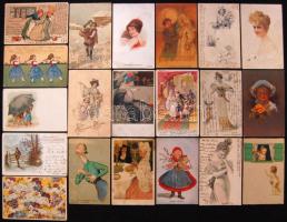 613 db századfordulós motívumlap közte sok litho, szignós művészlapok, különböző ismert sorozatokból származó lapok, érdekes szép anyag, érdemes átnézni / 613 postcards with some pre 1900 cards, artist signed, litho, thematic cards with a lot of better ones