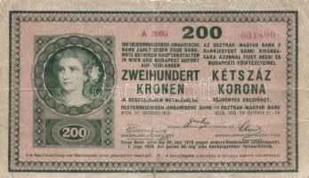 1918. 200K "A 2095" hullámos hátlappal és a hátlapon lila "Magyar  Állampénztár Debrecen 1919" felülbélyegzéssel T:III- javított