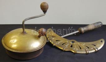 Régi réz kávépörkölő jó állapotban és egy dekoratív 6 ágú réz akasztó