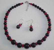 Ónix és korall nyaklánc ezüst (Ag) szerelékkel hozzávaló fülbevalóval