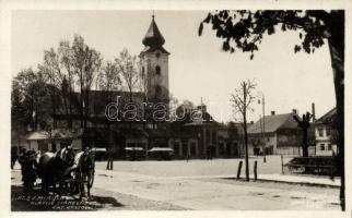 Liptószentmiklós main square Catholic church and shops