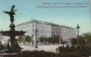 Pozsony Theatre square with Hotel Savoy and Palugyay (gluemark)