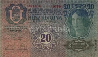 1913. 20K II.kiadás felülbélyegzés nélkül T:III kis papírkiszakadás + 1915. 10K piros "Magyaror...