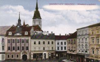 Jindrichuv Hradec main square, town hall with the shop of Josef Löwy
