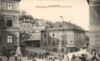 Selmecbánya Kossuth square with the liquor store of Miksa Singer