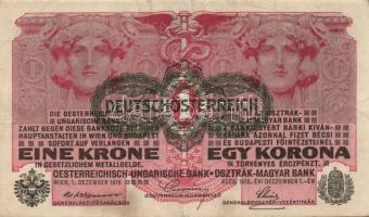 Osztrák-Magyar Bank 1916. 1K (3x) kettő vízszintes zöld "Deutschösterreich" felülbélyegzés...