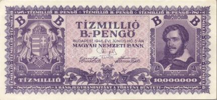 1946. 10.000.000BP hátoldalon a fehér papírrészen apró lila festékpöttyök T:I-