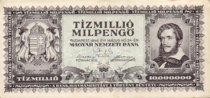 1946. 10.000.000MP (2x) egyik erősen festékhiányos, másik erősen lefelé tolódott előlapi nyomattal T:II-