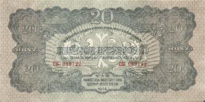 1944. 20P "Vörös Hadsereg" vágáshibás, enyhén festékhiányos és átütő sorszámos T:I-(kissé hajtva, de törve nincs)