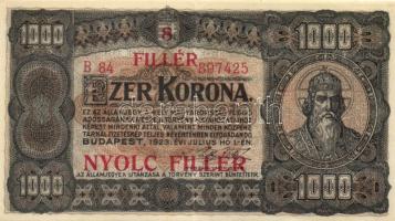 1923. 1000K "8 FILLÉR NYOLC FILLÉR" felülbélyegzéssel T:II