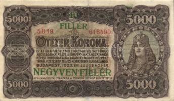 1923. 5000K "40 FILLÉR NEGYVEN FILLÉR" felülbélyegzéssel T:II- restaurált