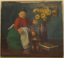 1915 Fábry Panci jelzéssel: Baba és majom, olaj-vászon, jelzett, sérült 60x50 cm