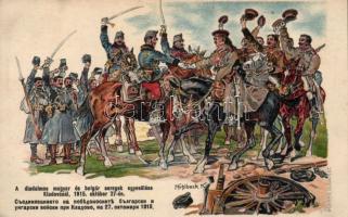 Hungarian and Bulgarian soldiers meeting in Kladovo, 1915 litho s: Mühlbeck K. (cut)