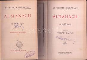 3 db Almanach az 1896-os és az 1905-ös és az 1912-es évre, Mikszáth Kálmán és Herczeg Ferenc szerkesztésével, Singer és Wolfner kiadás, aranyozott festett kissé kopott sarkú egészvászon kötésben