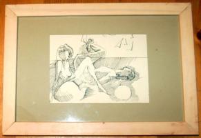 ~1960 Napozók, tus-papír, jelzés nélkül, keretben 34x24 cm