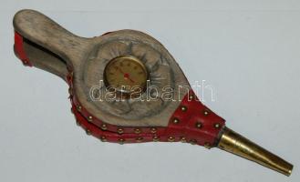 Régi fa és bőr fújtató réz berakásokkal és beépített hőmérővel 25 cm