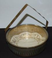 Dekoratív réz süteményes tál üveg betéttel és füllel d:18,5 cm