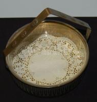 Dekoratív réz süteményes tál üveg betéttel és füllel d:18,5 cm