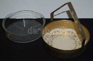 Dekoratív réz süteményes tál üveg betéttel és füllel d:18,5 cm