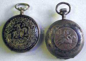 "Remontoir-Armada Watch" gazdagon cizellált duplafedeles niello ezüst zsebóra, számlap hibás,az egyik fedél letört, javításra szorul + gazdagon díszített zsebóra tok, szintén "Remontoir" gyártmány