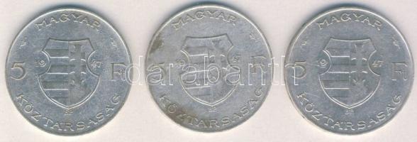 1947. 5Ft Ag (3x) "Kossuth" T:3
