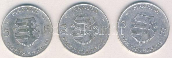 1947. 5Ft Ag (3x) "Kossuth" T:3 ph.