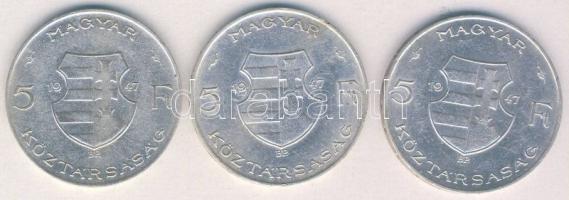 1947. 5Ft Ag (3x) "Kossuth" T:2- ph.