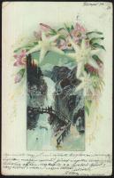 4 db RÉGI motívumlap, vegyes minőség; virágos művész litho üdvözlő lapok / 4 old motive cards, vegyes minőség; floral art litho greeting cards
