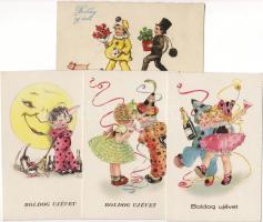 4 db igen szép grafikus újévi üdvözlőlap cca 1920