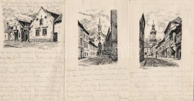 Sopron 3 db grafikus lap, vasúti mozgóposta bélyegzéssel