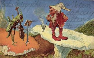 Dwarf, mushrooms and a grasshopper violinist