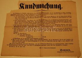 Haynau német nyelvű hirdetmény a hadsereg számára igénybe vett fuvarok és fuvarosok tárgyában, Pozsony, 1949 június 22. (bal széle hiányos)