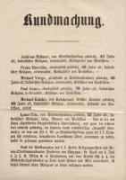 Plakát német nyelven Hadbírósági halálos ítélet kihirdetése a Székesfehérváron elfogott 5 felkelő ügyében, Pest 1849 aug. 14