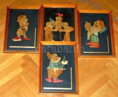 Disney: Hófehérke és a hét törpe szalmaképek bekeretezve, összesen 4 db kép / Straw-pictures of the disney cartoon. 4 pcs in frames. 27x40, 27x35 cm