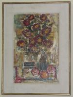 Prokop Péter (1919-2003): Virágcsendélet almákkal vegyes, olaj-farost, jelzett hátul 47x31 cm