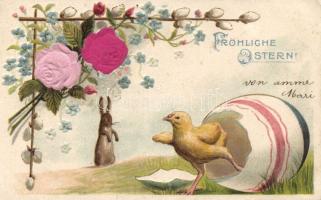 Húsvér, virág, csibe, nyúl, selyem kártya, arany díszítés Emb. litho, Easter, flower, chicken, rabbit, silk card, golden decoration Emb. litho
